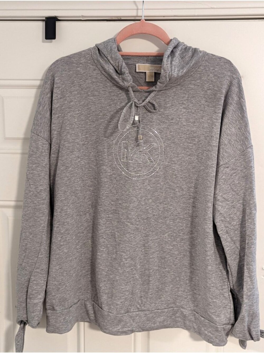 Michael Kors Womens Gray Hoodie With Rhinestone MK Logo Tie Sleeves & Drawstring